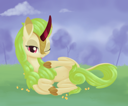 Size: 1710x1421 | Tagged: safe, artist:dusthiel, character:spring glow, species:kirin, covering, digital art, female, heart, hoof heart, prone, smiling, solo, strategically covered, tail censor, tail covering, tongue out