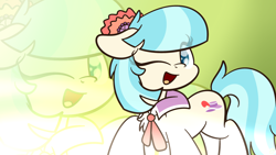 Size: 2730x1536 | Tagged: safe, artist:kimjoman, character:coco pommel, species:earth pony, species:pony, clothing, cocobetes, cute, female, flower, flower in hair, gradient background, looking at you, one eye closed, solo, wallpaper, weapons-grade cute, wink, zoom layer