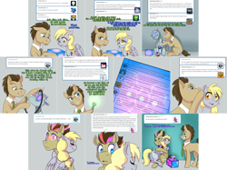 Size: 3006x2254 | Tagged: safe, artist:jitterbugjive, character:derpy hooves, character:doctor whooves, character:time turner, oc, oc:neosurgeon, species:pony, lovestruck derpy, cube, doctor who, good end, hug, robot, sonic screwdriver, the doctor