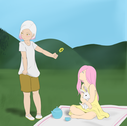 Size: 3003x2982 | Tagged: safe, artist:eve-ashgrove, character:fluttershy, character:gilda, species:human, species:rabbit, ship:gildashy, animal, barefoot, child, cute, feet, female, flower, gildadorable, gildere, humanized, lesbian, shipping, shyabetes, tea set, teapot, tsundere, younger