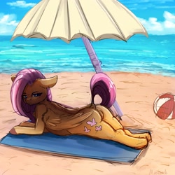 Size: 4000x4000 | Tagged: safe, artist:miokomata, character:fluttershy, species:pegasus, species:pony, anatomically incorrect, beach, beach ball, beach blanket, beach umbrella, blanket, butt, chest fluff, dock, female, floppy ears, freckles, incorrect leg anatomy, looking at you, mare, plot, prone, semi-anthro, solo, sploot, umbrella