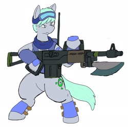 Size: 2048x2032 | Tagged: safe, artist:omegapony16, oc, oc:oriponi, species:earth pony, species:pony, armor, bayonet, bipedal, clothing, gun, hoof hold, simple background, soldier, vest, weapon, white background