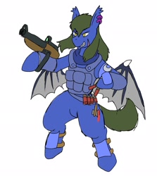 Size: 1825x2048 | Tagged: safe, artist:omegapony16, oc, oc only, oc:oriponi, species:bat pony, species:pony, armor, bat pony oc, bipedal, clothing, ear piercing, earring, grin, gun, jewelry, piercing, scar, simple background, smiling, soldier, solo, vest, weapon, white background