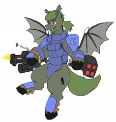 Size: 1932x2048 | Tagged: safe, artist:omegapony16, oc, oc only, oc:oriponi, species:bat pony, species:pony, armor, bat pony oc, clothing, flying, gun, scar, shooting, simple background, soldier, spread wings, unshorn fetlocks, vest, weapon, white background, wings