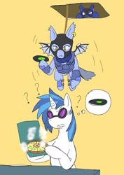 Size: 1451x2048 | Tagged: safe, artist:omegapony16, character:dj pon-3, character:vinyl scratch, oc, oc:oriponi, species:bat pony, species:pony, species:unicorn, armor, bat pony oc, bipedal, confused, ear piercing, earring, face mask, fangs, female, food, frown, glare, gritted teeth, hanging, hoof hold, jewelry, lidded eyes, looking down, mare, peeking, pictogram, piercing, pizza, question mark, rope, spread wings, sunglasses, suspended, sweat, sweatdrop, thought bubble, vinyl disc, wings