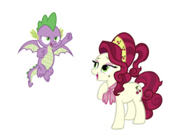 Size: 750x562 | Tagged: safe, artist:cheezedoodle96, artist:sugar-loop, edit, editor:undeadponysoldier, character:cherry jubilee, character:spike, species:dragon, species:pony, beauty mark, female, impressed, jubispike, male, mare, shipping, simple background, spread wings, straight, white background, winged spike, wings