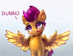 Size: 2804x2126 | Tagged: safe, artist:xbi, character:scootaloo, species:pegasus, species:pony, cute, cutealoo, dialogue, dunno, female, filly, gradient background, shrug, solo, spread wings, wing hands, wing shrug, wings