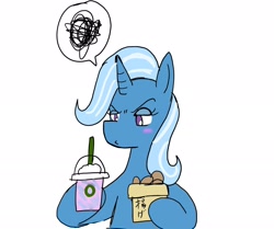 Size: 2048x1711 | Tagged: safe, artist:omegapony16, character:trixie, species:pony, species:unicorn, annoyed, blushing, female, food, hoof hold, mare, pictogram, simple background, solo, unicorn frappuccino, white background