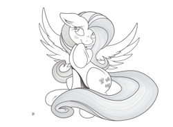 Size: 7139x5215 | Tagged: safe, artist:joey darkmeat, artist:midwestbrony, character:fluttershy, species:pegasus, species:pony, blushing, female, floppy ears, mare, monochrome, raised hoof, simple background, sitting, solo, vector, white background