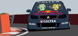Size: 2263x1051 | Tagged: safe, artist:didgereethebrony, oc, oc:didgeree, oc:ponyseb, species:pegasus, species:pony, 888, bathurst, caltex, car, colored, concrete wall, craig lowndes, flat colors, helmet, holden, holden commodore, hot lap, mlp in australia, mount panorama, mount panorama circuit, race track, racecar, redbull, scared, trace, v8 supercars