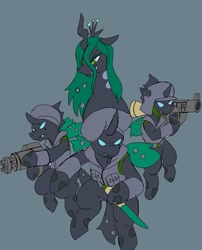 Size: 1657x2048 | Tagged: safe, artist:omegapony16, oc, oc only, species:changeling, armor, changeling oc, changeling queen, changeling queen oc, clothing, gray background, green changeling, gun, hat, hoof hold, rocket launcher, simple background, smiling, smirk, soldier, turban, vest, weapon