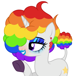 Size: 2026x1991 | Tagged: safe, artist:lazuli, artist:rioshi, artist:starshade, oc, oc only, oc:crystal, species:pony, species:unicorn, afro, female, grin, lipstick, mare, multicolored hair, rainbow hair, raised hoof, simple background, smiling, solo, white background, ych result