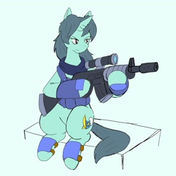 Size: 2036x2048 | Tagged: safe, artist:omegapony16, oc, oc only, oc:oriponi, species:pony, species:unicorn, armor, clothing, female, gun, hoof hold, horn, mare, rifle, scarf, simple background, sitting, soldier, solo, unicorn oc, vest, weapon