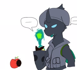 Size: 2048x1868 | Tagged: safe, artist:omegapony16, oc, oc only, species:changeling, ..., apple, armor, changeling oc, clothing, curved horn, food, horn, simple background, soldier, solo, turban, vest, white background