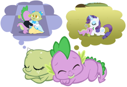 Size: 900x620 | Tagged: safe, artist:queencold, character:rarity, character:spike, oc, oc:jade, species:dragon, clothing, dragon oc, dragoness, dream, dress, female, male, simple background, sleeping, smiling, transparent background
