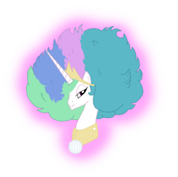Size: 400x398 | Tagged: safe, artist:queencold, character:princess celestia, species:alicorn, species:pony, afro, alternate hairstyle, bust, disco ball, female, frolestia, lidded eyes, looking at you, mare, portrait, profile, simple background, smiling, solo, transparent background, vector