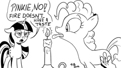 Size: 1200x675 | Tagged: safe, artist:pony-berserker, character:pinkie pie, character:twilight sparkle, character:twilight sparkle (unicorn), species:earth pony, species:pony, species:unicorn, black and white, candle, dialogue, duo, female, fire, grayscale, i can't believe it's not idw, mare, monochrome, pinkie being pinkie, pony-berserker's twitter sketches, signature, simple background, sketch, speech bubble, this is going to hurt, this will end in pain, white background