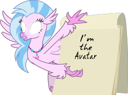 Size: 4527x3361 | Tagged: safe, artist:frownfactory, edit, character:silverstream, species:classical hippogriff, species:hippogriff, episode:uprooted, g4, my little pony: friendship is magic, avatar silverstream, avatar state, avatar the last airbender, exploitable, female, flipchart, glowing eyes, gru's plan, jewelry, necklace, simple background, solo, text, transparent background, vector, vector edit, wings