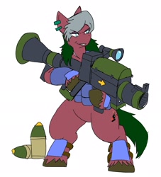 Size: 1857x2048 | Tagged: safe, artist:omegapony16, oc, oc only, oc:oriponi, species:earth pony, species:pony, armor, bipedal, clothing, ear piercing, earring, earth pony oc, female, grin, hoof hold, jewelry, mare, piercing, rocket launcher, simple background, smiling, soldier, unshorn fetlocks, vest, weapon, white background