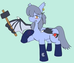 Size: 2048x1761 | Tagged: safe, artist:omegapony16, oc, oc:oriponi, species:bat pony, species:pony, bat pony oc, blushing, clothing, cross-popping veins, ear piercing, earring, female, hammer, jewelry, mare, one wing out, piercing, raised hoof, simple background, socks, sweat, sweatdrop, weapon, wing hands, wing hold, wings