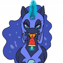 Size: 2172x2173 | Tagged: safe, artist:omegapony16, character:nightmare moon, character:princess luna, species:alicorn, species:pony, colored, eating, ethereal mane, fangs, female, food, galaxy mane, glowing horn, helmet, horn, magic, mare, peytral, popsicle, sharp teeth, simple background, solo, teeth, telekinesis, tongue out, watermelon, white background