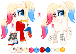 Size: 3876x2780 | Tagged: safe, artist:aestheticallylithi, artist:lazuli, base used, oc, oc only, oc:har-harley queen, species:earth pony, species:pony, :), bedroom eyes, choker, clothing, commission, dc extended universe, ear piercing, earring, eyeshadow, female, fishnets, harley quinn, heart, heart eyes, heterochromia, hoodie, jewelry, makeup, mare, multicolored hair, piercing, pigtails, raised hoof, reference sheet, roller skates, running makeup, simple background, socks, solo, stockings, suicide squad, tattoo, thigh highs, transparent background, twintails, wingding eyes