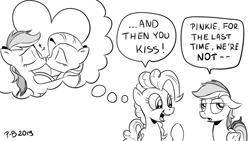 Size: 1200x675 | Tagged: safe, artist:pony-berserker, character:fluttershy, character:pinkie pie, character:rainbow dash, species:earth pony, species:pegasus, species:pony, ship:flutterdash, black and white, dialogue, female, grayscale, heart, i can't believe it's not idw, kissing, lesbian, mare, monochrome, now kiss, pony-berserker's twitter sketches, shipper on deck, shipping, signature, simple background, speech bubble, stippling, thought bubble, unamused, white background
