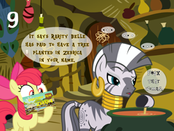 Size: 1024x768 | Tagged: safe, artist:bronybyexception, artist:vector-brony, character:apple bloom, character:zecora, species:earth pony, species:pony, species:zebra, advent calendar, censored vulgarity, charity, grawlixes, implied rarity, not rhyming, zebrica