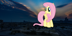 Size: 3840x1938 | Tagged: safe, artist:luckreza8, character:fluttershy, species:pegasus, species:pony, city, female, giant pony, giantess, highrise ponies, irl, macro, mare, night, photo, ponies in real life, scenery