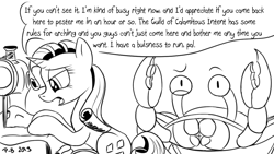 Size: 1200x675 | Tagged: safe, artist:pony-berserker, character:rarity, species:crab, species:pony, species:unicorn, black and white, dialogue, female, giant crab, grayscale, guild of calamitous intent, i can't believe it's not idw, mare, misspelling, monochrome, nonchalant, pony-berserker's twitter sketches, rarity fighting a giant crab, sewing machine, signature, simple background, sketch, speech bubble, the venture bros., white background