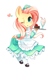 Size: 600x854 | Tagged: safe, artist:ipun, part of a set, character:fluttershy, species:pegasus, species:pony, bipedal, cake, clothing, cloven hooves, colored hooves, cute, deviantart watermark, dress, female, fluttermaid, food, heart, maid, mare, milkshake, obtrusive watermark, one eye closed, open mouth, shyabetes, simple background, solo, transparent background, tray, watermark, wink