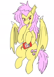 Size: 1451x2048 | Tagged: safe, artist:omegapony16, character:flutterbat, character:fluttershy, species:bat pony, species:pony, bat ponified, blood, blood pack, blushing, drinking blood, female, mare, race swap, simple background, solo, white background