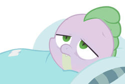 Size: 900x607 | Tagged: safe, artist:queencold, character:spike, species:dragon, bed, blanket, male, on back, pillow, sick, simple background, solo, transparent background