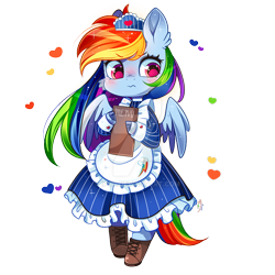 Size: 600x600 | Tagged: safe, artist:ipun, part of a set, character:rainbow dash, species:pegasus, species:pony, bipedal, blushing, cheek fluff, clothing, cloven hooves, colored hooves, cute, dashabetes, deviantart watermark, dress, ear fluff, female, heart, maid, mare, menu, obtrusive watermark, rainbow dash always dresses in style, rainbow maid, simple background, solo, tsunderainbow, tsundere, watermark