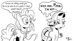 Size: 1200x675 | Tagged: safe, artist:pony-berserker, character:pinkie pie, character:rarity, species:earth pony, species:pony, species:unicorn, angry, black and white, dialogue, facial hair, fake moustache, female, gratuitous french, grayscale, i can't believe it's not idw, mare, monochrome, moustache, pony-berserker's twitter sketches, signature, simple background, sketch, speech bubble, white background
