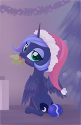 Size: 1073x1652 | Tagged: safe, artist:dusthiel, character:princess luna, species:alicorn, species:pony, bedroom eyes, blushing, christmas, clothing, cute, eyeshadow, female, hat, holiday, holly, holly mistaken for mistletoe, looking at you, looking back, looking back at you, looking over shoulder, lunabetes, makeup, mare, mouth hold, rear view, santa hat, sitting, solo, tail bun