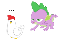 Size: 850x558 | Tagged: safe, artist:queencold, character:spike, species:chicken, species:dragon, ..., all fours, food chain, male, predator, prey, simple background, solo, tongue out, transparent background