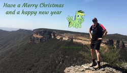 Size: 1176x680 | Tagged: safe, artist:didgereethebrony, oc, oc:didgeree, species:human, species:pegasus, species:pony, australia, blue mountains, boots, canyon, cliff, clothing, happy new year, holiday, irl, kanangra boyd national park, kanangra walls, lookout, merry christmas, mlp in australia, new south wales, photo, ponies in real life, shoes, shorts, valley