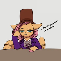 Size: 2000x2000 | Tagged: safe, artist:miokomata, character:fluttershy, species:pegasus, species:pony, charlie and the chocolate factory, clothing, colored hooves, condescending wonka, dialogue, female, floppy ears, freckles, freckleshy, gene wilder, hat, mare, meme, ponified meme, semi-anthro, top hat, willy wonka, willy wonka and the chocolate factory