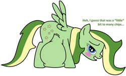 Size: 915x554 | Tagged: safe, artist:didgereethebrony, oc, oc only, oc:boomerang beauty, species:pegasus, species:pony, belly, big belly, blushing, cutie mark, fat, grammar error, impossibly large belly, looking at you, solo, stuffed, trace