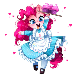 Size: 800x800 | Tagged: safe, artist:ipun, character:pinkie pie, species:earth pony, species:pony, cheek fluff, clothing, cloven hooves, colored hooves, cupcake, cute, deviantart watermark, diapinkes, dress, ear fluff, female, food, heart, looking at you, maid, mare, obtrusive watermark, open mouth, semi-anthro, shoes, simple background, socks, solo, tongue out, transparent background, watermark