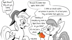Size: 1200x675 | Tagged: safe, artist:pony-berserker, character:apple bloom, character:applejack, species:earth pony, species:pony, apple sisters, black and white, bow, clothing, crying, dialogue, dishonorapple, duo, eating, fake cutie mark, female, filly, foal, food, grayscale, hat, horror, i can't believe it's not idw, it's not a phase, mare, monochrome, partial color, peach, pony-berserker's twitter sketches, puffy cheeks, siblings, signature, simple background, sisters, smiling, speech bubble, stippling, white background