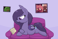 Size: 3418x2298 | Tagged: safe, artist:moonatik, oc, oc:arlia, oc:thorium, species:bat pony, species:pony, bat pony oc, book, communist manifesto, couch, female, framed picture, lying down, mare, pepe the frog, pregnant, reading, solo, younger