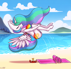 Size: 1971x1898 | Tagged: safe, artist:dsp2003, character:princess celestia, species:alicorn, species:anthro, species:crab, species:pony, species:unguligrade anthro, backflip, beach, bikini, clothing, cloud, cutie mark, exclamation point, female, interrobang, island, ocean, rainbow dash bikini, signature, swimsuit, this will end in pain, this will end in tears