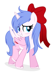 Size: 2241x3065 | Tagged: safe, artist:lazuli, artist:rioshi, artist:starshade, oc, oc only, oc:rioshi sweet, species:alicorn, species:pony, alicorn oc, blushing, bow, female, grin, hair bow, looking at you, mare, simple background, smiling, solo, unshorn fetlocks, white background