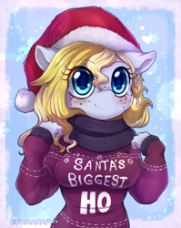 Size: 1336x1682 | Tagged: safe, artist:evomanaphy, oc, oc only, oc:evo, species:anthro, species:earth pony, species:pony, anime eyes, anthro oc, big breasts, blonde, blushing, breasts, chibi, christmas, christmas sweater, clothing, cute, eye clipping through hair, female, freckles, hat, holiday, mare, santa hat, scarf, solo, sweater, sweater puppies, wordplay