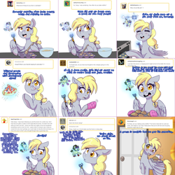 Size: 2254x2254 | Tagged: safe, artist:jitterbugjive, character:derpy hooves, oc, oc:neosurgeon, species:pony, lovestruck derpy, batter, butter, chibi, doctor who, food, hologram, key, mittens, muffin, oven, sonic screwdriver