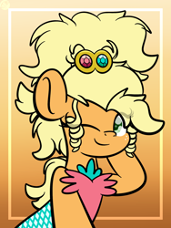 Size: 1536x2048 | Tagged: safe, artist:kimjoman, character:applejack, species:pony, alternate hairstyle, applejewel, clothing, cute, dress, female, jackabetes, one eye closed, orange background, pose, simple background, smiling, solo, wink