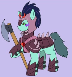 Size: 1907x2048 | Tagged: safe, artist:omegapony16, oc, oc:oriponi, species:earth pony, species:pony, alternate timeline, armor, axe, battle axe, crystal war timeline, female, helmet, hoof hold, mare, mind control, raised hoof, simple background, solo, sombra eyes, sombra soldier, weapon