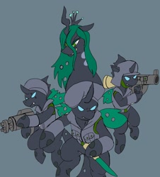 Size: 1850x2048 | Tagged: safe, alternate version, artist:omegapony16, character:queen chrysalis, oc, species:changeling, armor, changeling oc, changeling queen, clothing, female, gray background, green changeling, gun, hat, hoof hold, rocket launcher, simple background, smiling, smirk, soldier, turban, vest, weapon